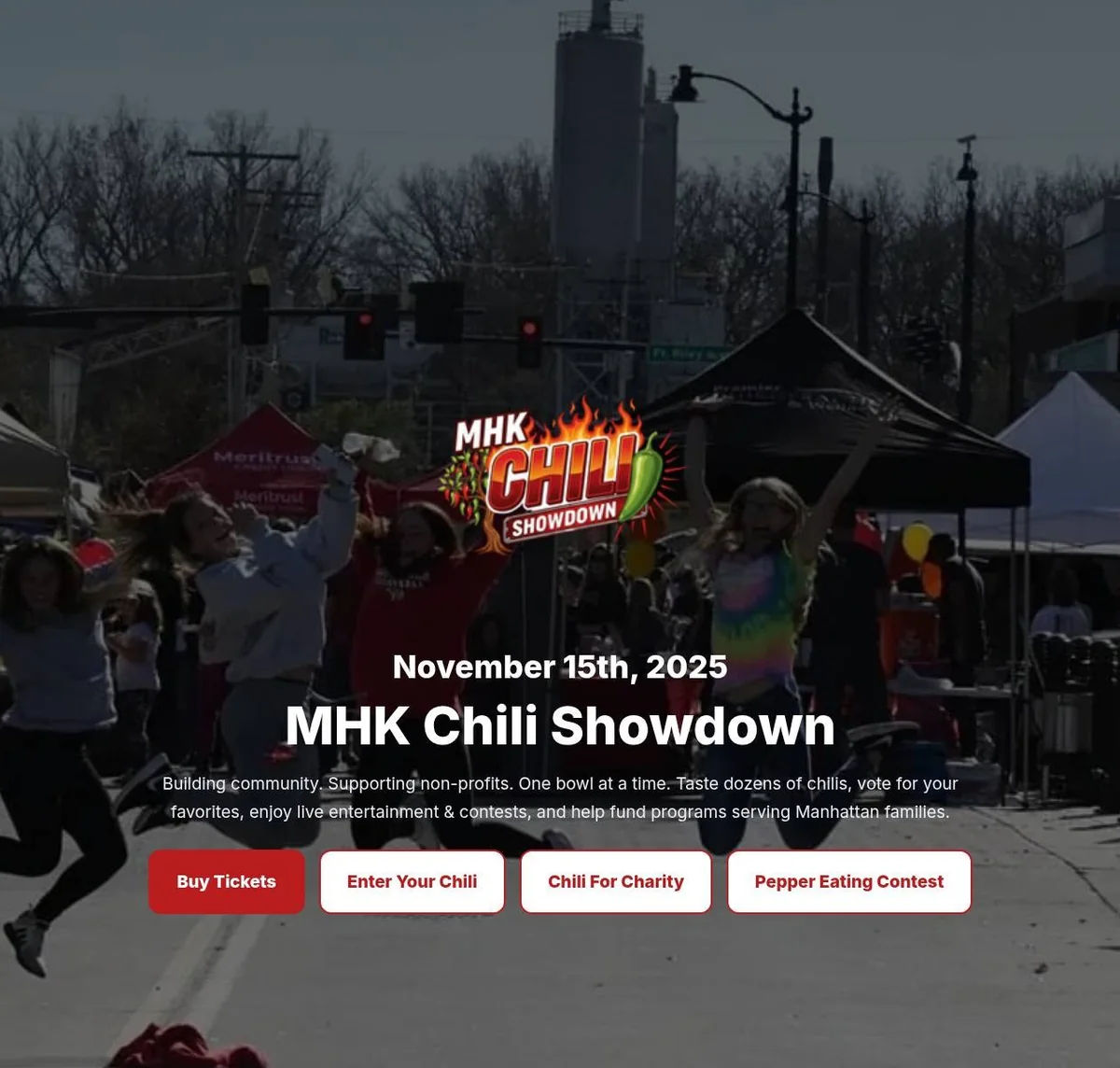 MHK Chili Showdown homepage with the event logo, date and a Buy Tickets button